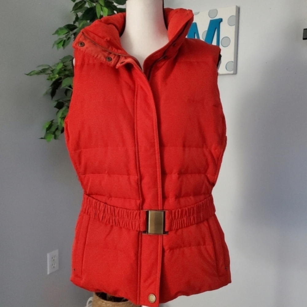 LANDS' END Belted Down Puffer Vest Zip Out Hood L